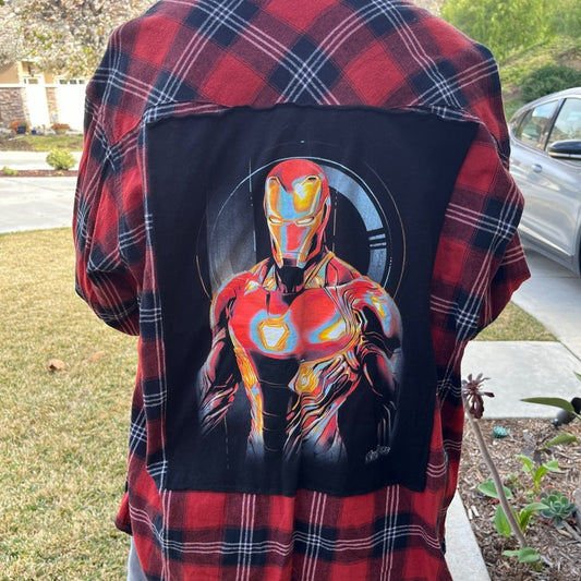 Iron Man upcycled Flannel Shirt unisex Size Large L