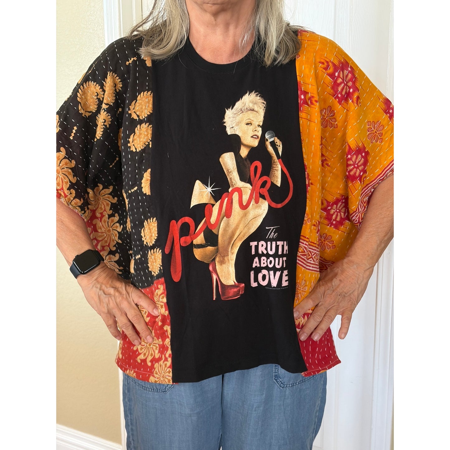 Pink Upcycled Kantha Tunic Top Shirt OS Handmade Boho